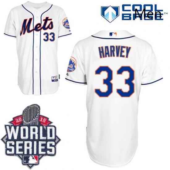Mens Majestic New York Mets 33 Matt Harvey Replica White Alternate Cool Base 2015 World Series MLB Jersey